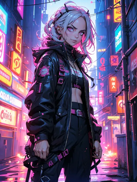 Hermosa mujer, cabello rosado, cabello puntiagudo, ojos rosados, Cola de hadas, Calles cyberpunk en, Estilo cyberpunk,(minifalda...