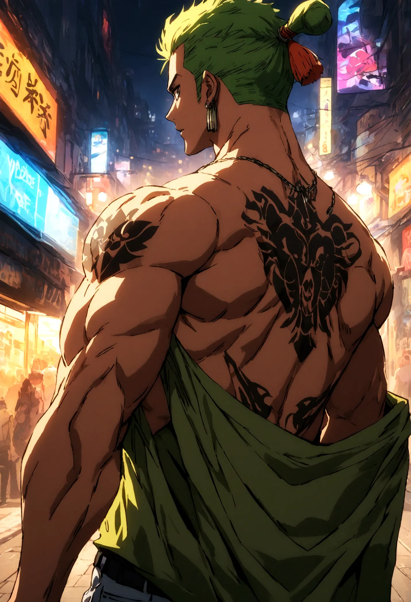 strong muscular boy with Guan Yu tattoo on his toned bare back, street style, high-resolution details, urban vibe, vibrant color...