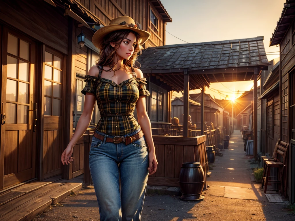 Hyper realistic, A beautiful woman with a slender waist and snappy hips, in country style (thin yellow and black plaid dress shirt, fitted and tight shirt), standing out in a western city. Her tanned skin shines in the setting sun, “sweat”, large symmetrical and radiant green eyes, wavy brown hair falls gently over her shoulders. She wears a brown cowboy hat, a thin yellow and black plaid, tight-fitting dress shirt, faded jeans, and embroidered leather boots. It is on a dirt street surrounded by typical western wooden buildings. The local saloon has swinging doors and a porch where the cowboys chat. The barbershop has a rotating plate and the blacksmith shop next door is active with the sound of hammering. Horses tied to wooden posts and a hay cart passing by complete the scene. The golden light of the sunset casts shadows and bathes the city in a warm glow, capturing the vibrant essence of the Old West.