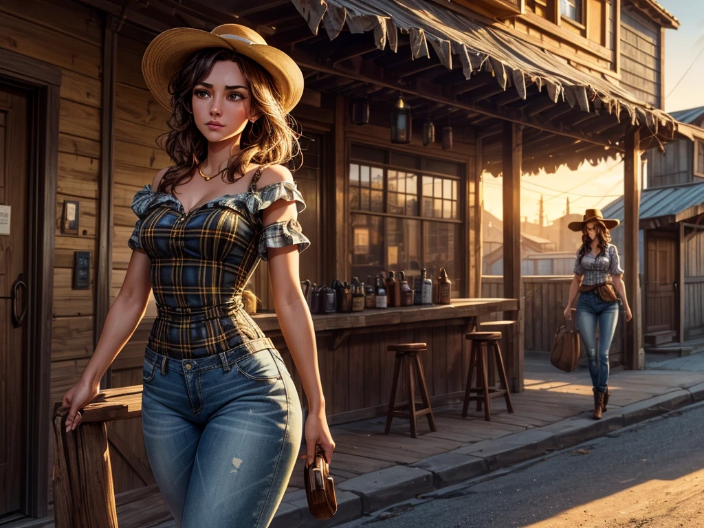 Hyper realistic, A beautiful woman with a slender waist and snappy hips, in country style (thin yellow and black plaid dress shirt, fitted and tight shirt), standing out in a western city. Her tanned skin shines in the setting sun, “sweat”, large symmetrical and radiant green eyes, wavy brown hair falls gently over her shoulders. She wears a brown cowboy hat, a thin yellow and black plaid, tight-fitting dress shirt, faded jeans, and embroidered leather boots. It is on a dirt street surrounded by typical western wooden buildings. The local saloon has swinging doors and a porch where the cowboys chat. The barbershop has a rotating plate and the blacksmith shop next door is active with the sound of hammering. Horses tied to wooden posts and a hay cart passing by complete the scene. The golden light of the sunset casts shadows and bathes the city in a warm glow, capturing the vibrant essence of the Old West.