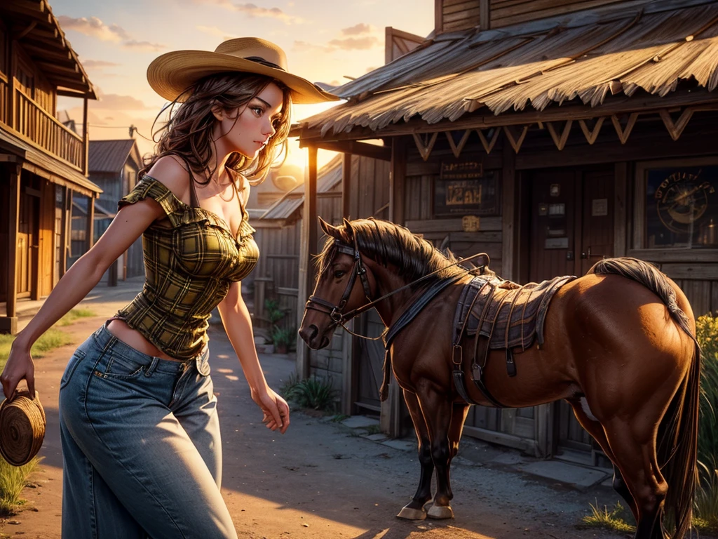 Hyper realistic, A beautiful woman with a slender waist and snappy hips, in country style (thin yellow and black plaid dress shirt, fitted and tight shirt), standing out in a western city. Her tanned skin shines in the setting sun, “sweat”, large symmetrical and radiant green eyes, wavy brown hair falls gently over her shoulders. She wears a brown cowboy hat, a thin yellow and black plaid, tight-fitting dress shirt, faded jeans, and embroidered leather boots. It is on a dirt street surrounded by typical western wooden buildings. The local saloon has swinging doors and a porch where the cowboys chat. The barbershop has a rotating plate and the blacksmith shop next door is active with the sound of hammering. Horses tied to wooden posts and a hay cart passing by complete the scene. The golden light of the sunset casts shadows and bathes the city in a warm glow, capturing the vibrant essence of the Old West.