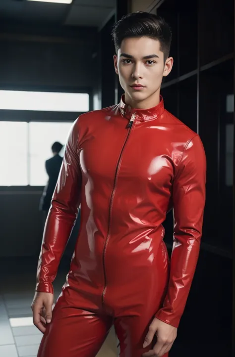 Japan man，Man,Youth，Best quality, crisp quality, Masterpiece, Highest resolution, Highly detailed, Red latex clothing，One-piece ...