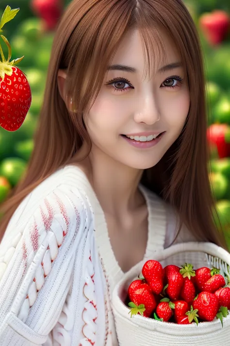 (((strawberry picking:1.5, white sweater, basket full of strawberries:1.5))), dynamic, cinematic photos,(ultra realistic, high r...