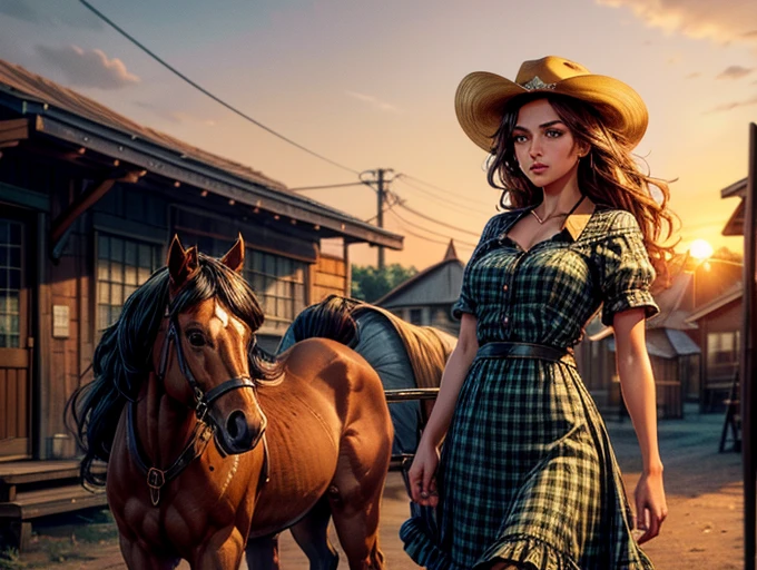 {Visão dinâmica hiper-realista, imagem nítida e limpa e UHD 16K} Uma mulher bonita com cintura fina e quadris finos, em estilo country (camisa social fina xadrez amarela e preta, camisa justa), destacando-se em uma cidade ocidental. Sua pele bronzeada brilha ao sol poente, &quot;suor&quot;, grandes olhos verdes simétricos e radiantes, cabelo castanho ondulado cai suavemente sobre os ombros. Ela usa um chapéu de cowboy marrom, uma fina xadrez amarela e preta, camisa social justa, jeans desbotado, e botas de couro bordadas. Fica em uma rua de terra cercada por típicos edifícios de madeira ocidentais. O salão local tem portas de vaivém e uma varanda onde os cowboys conversam. A barbearia tem placa giratória e a ferraria ao lado fica ativa com som de marteladas. Cavalos amarrados em postes de madeira e uma carroça de feno passando completam a cena. A luz dourada do pôr do sol projeta sombras e banha a cidade com um brilho quente, capturando a essência vibrante do Velho Oeste.