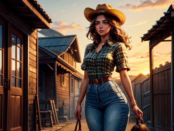 {Hyper realistic dynamic vision, sharp clean image and UHD 16K} A beautiful woman with a slim waist and snapper hips, in country style (yellow and black plaid thin dress shirt, tight fitted shirt), standing out in a western city. Her tanned skin shines in the setting sun, “sweat”, large symmetrical and radiant green eyes, wavy brown hair falls gently over her shoulders. She wears a brown cowboy hat, a thin yellow and black plaid, tight-fitting dress shirt, faded jeans, and embroidered leather boots. It is on a dirt street surrounded by typical western wooden buildings. The local saloon has swinging doors and a porch where the cowboys chat. The barbershop has a rotating plate and the blacksmith shop next door is active with the sound of hammering. Horses tied to wooden posts and a hay cart passing by complete the scene. The golden light of the sunset casts shadows and bathes the city in a warm glow, capturing the vibrant essence of the Old West.