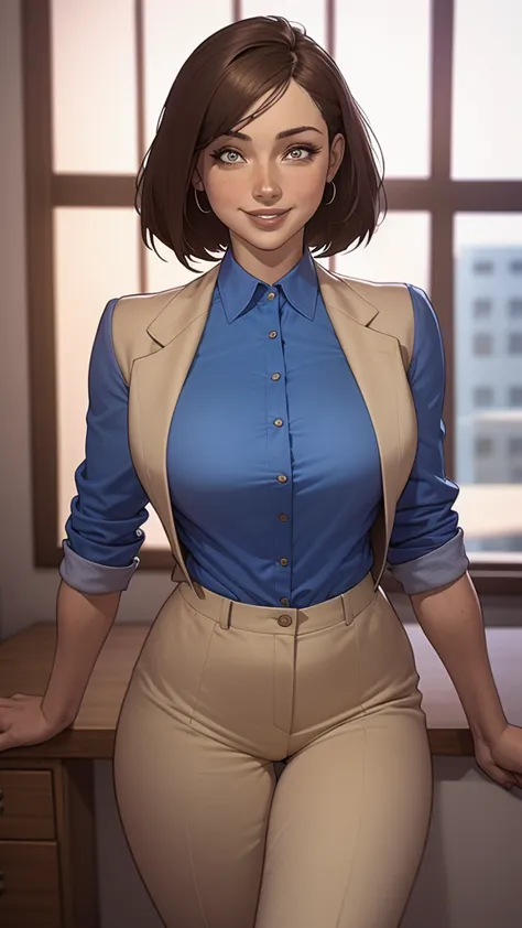 portrait mode woman with blue shirt and beige pants in front of a window, young business woman, wearing business casual dress, w...