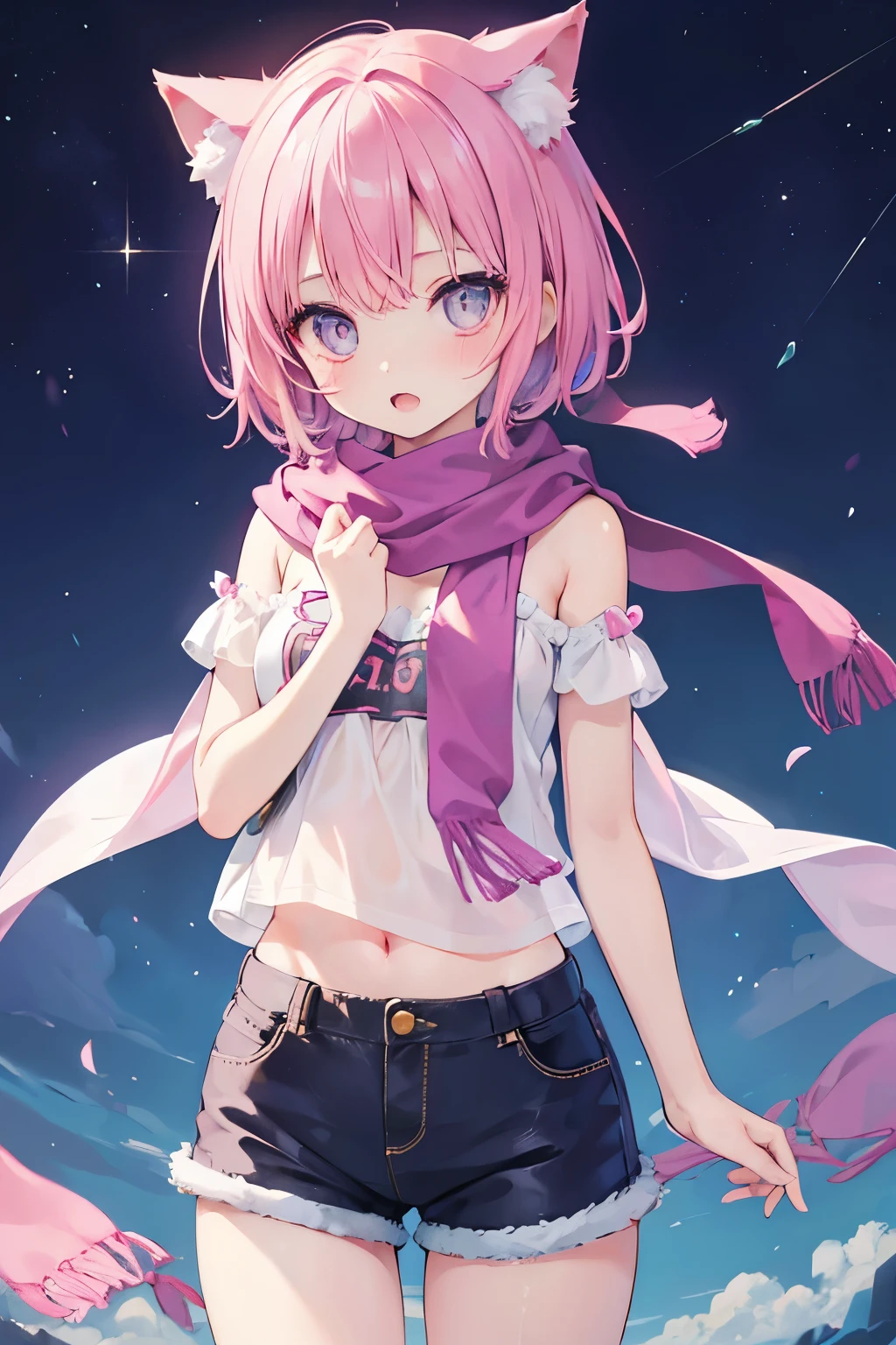 Very beautiful and shining eyes、shining eyes、1 girl、small breasts、big mouth、small breasts、Cat ear、Transparent pink short hair、scarf、hot pants、7 year old girl、childish clothes