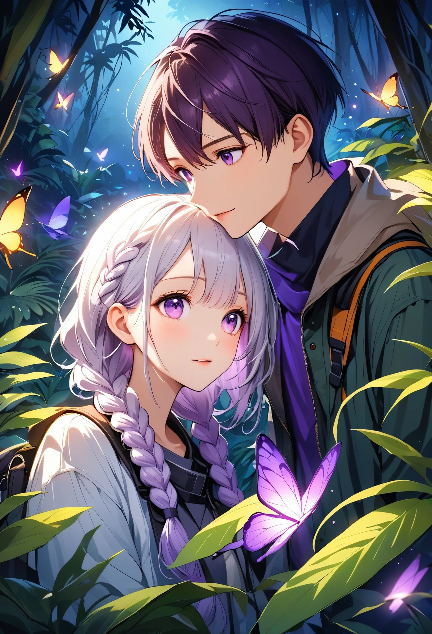 Vector illustration，A young couple，Look at each other affectionately，Half-length portrait，Explorer， Detection，Purple Eyes，girl，Purple Eyes，White hair-purple-long braids。 jungle，vegetation，lush，Photograph，night，firefly，Glowing Butterfly