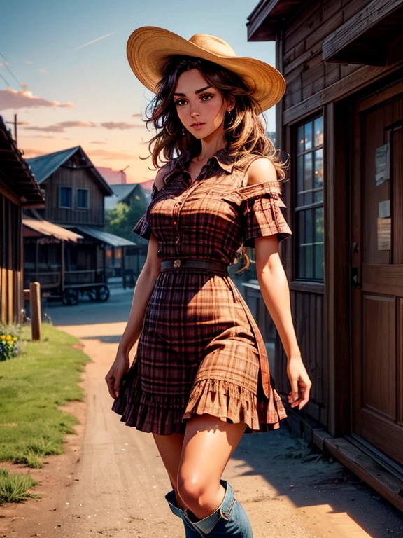 {Hyper realistic dynamic vision, sharp clean image and UHD 16K} A beautiful woman with a slim waist and snapper hips, in country style (thin red and black plaid dress shirt, tight fitted shirt), standing out in a western town. Her tanned skin shines in the setting sun, “sweat”, large symmetrical and radiant green eyes, wavy brown hair falls gently over her shoulders. She wears a brown cowboy hat, thin red and black plaid, tight-fitting dress shirt, faded jeans, and embroidered leather boots. It is on a dirt street surrounded by typical western wooden buildings. The local saloon has swinging doors and a porch where the cowboys chat. The barbershop has a rotating plate and the blacksmith shop next door is active with the sound of hammering. Horses tied to wooden posts and a hay cart passing by complete the scene. The golden light of the sunset casts shadows and bathes the city in a warm glow, capturing the vibrant essence of the Old West.