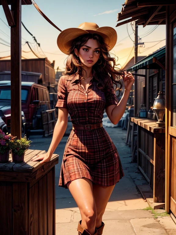 {Hyper realistic dynamic vision, sharp clean image and UHD 16K} A beautiful woman with a slim waist and snapper hips, in country style (thin red and black plaid dress shirt, tight fitted shirt), standing out in a western town. Her tanned skin shines in the setting sun, “sweat”, large symmetrical and radiant green eyes, wavy brown hair falls gently over her shoulders. She wears a brown cowboy hat, thin red and black plaid, tight-fitting dress shirt, faded jeans, and embroidered leather boots. It is on a dirt street surrounded by typical western wooden buildings. The local saloon has swinging doors and a porch where the cowboys chat. The barbershop has a rotating plate and the blacksmith shop next door is active with the sound of hammering. Horses tied to wooden posts and a hay cart passing by complete the scene. The golden light of the sunset casts shadows and bathes the city in a warm glow, capturing the vibrant essence of the Old West.