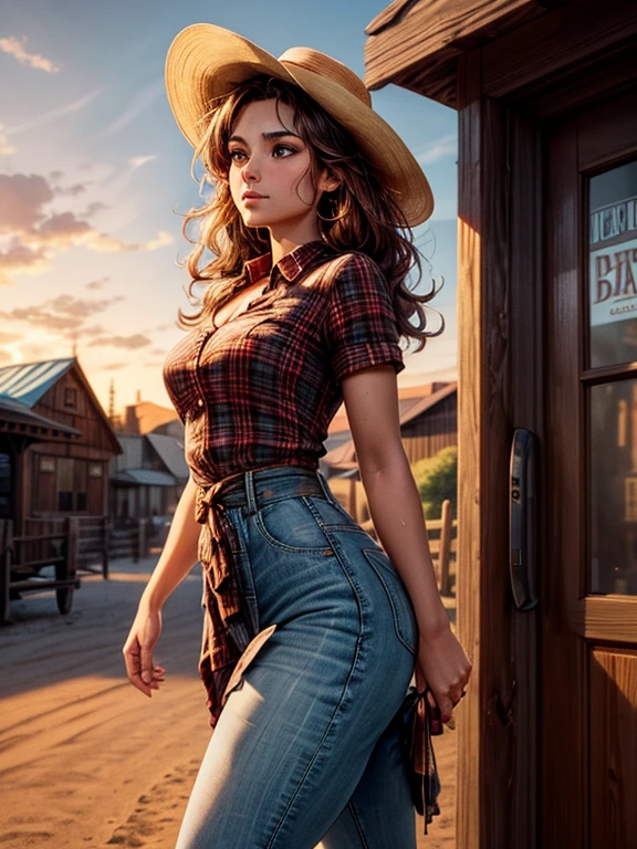 {Hyper realistic dynamic vision, sharp clean image and UHD 16K} A beautiful woman with a slim waist and snapper hips, in country style (thin red and black plaid dress shirt, tight fitted shirt), standing out in a western town. Her tanned skin shines in the setting sun, “sweat”, large symmetrical and radiant green eyes, wavy brown hair falls gently over her shoulders. She wears a brown cowboy hat, thin red and black plaid, tight-fitting dress shirt, faded jeans, and embroidered leather boots. It is on a dirt street surrounded by typical western wooden buildings. The local saloon has swinging doors and a porch where the cowboys chat. The barbershop has a rotating plate and the blacksmith shop next door is active with the sound of hammering. Horses tied to wooden posts and a hay cart passing by complete the scene. The golden light of the sunset casts shadows and bathes the city in a warm glow, capturing the vibrant essence of the Old West.