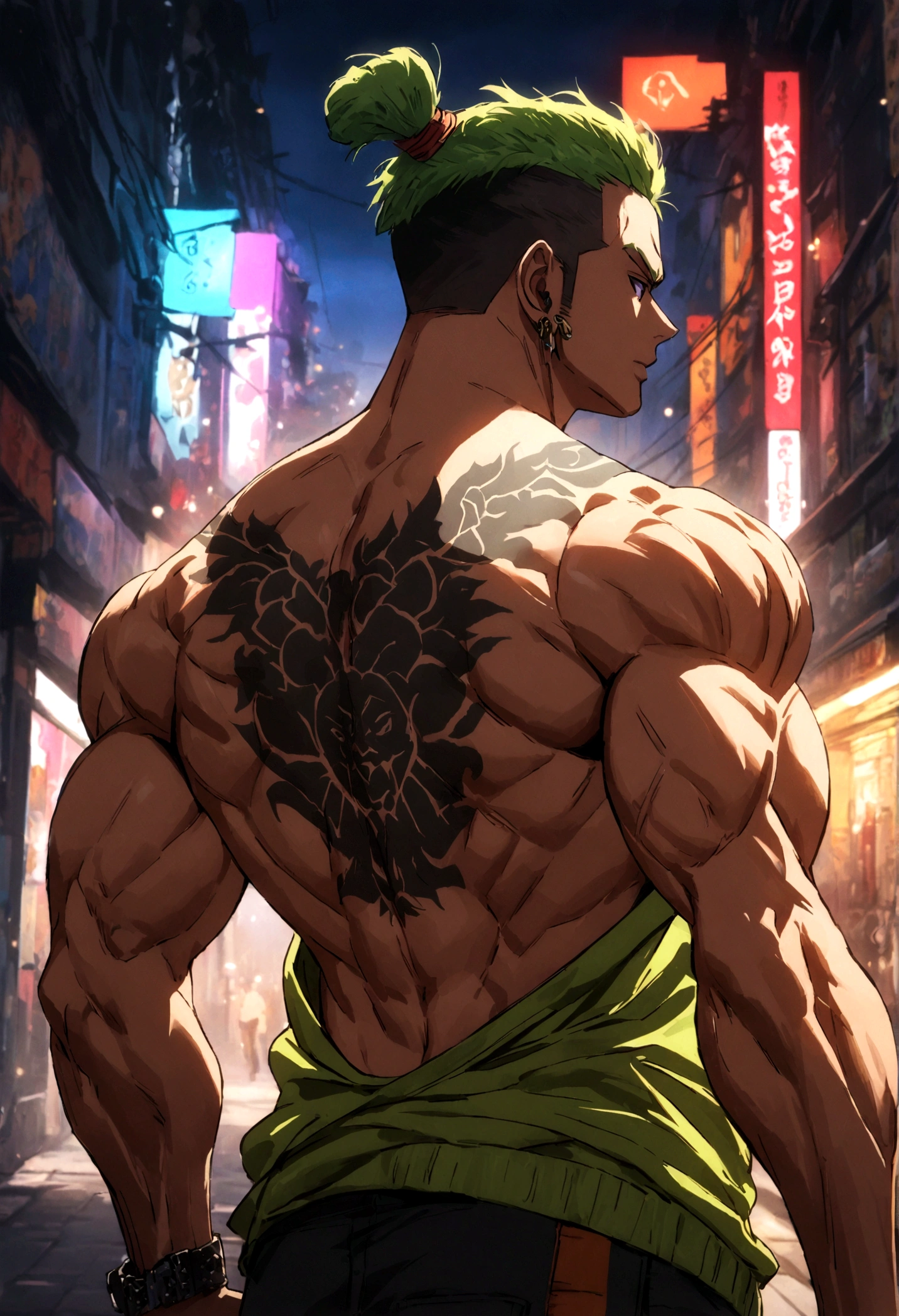 starker muskulöser Junge mit Guan Yu Tattoo auf seinem straffen nackten Rücken, Streetstyle, hochauflösende Details, urbane Atmosphäre, leuchtende Farben, dramatische Beleuchtung