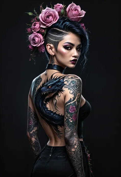 (best quality, 4k, 8K, high resolution, masterpiece: 1.2), ultra detailed: 1.4, back of a beautiful punk woman with a black drag...