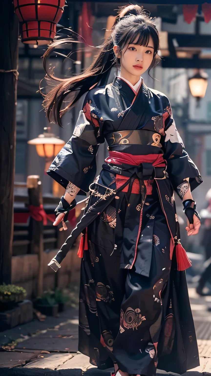 ((The background is the village of Shinobi:1.5)、Female ninja training in the village)、(Realistic、Like a photograph、Live Action、8k, Photorealistic, RAW Photos, Best image quality: 1.4), Single-lens reflex camera、RAW Photos, highest quality, Realistic, Highly detailed CG Unity 8k wallpaper, Written boundary depth, Cinematic Light, Lens flare, Ray Tracing, Realistic background、((waso:1.5、ninjya:1.3、kunoichi:1.4、skirtlift)、Sexy Ninja:1.37、Get into a fighting stance:1.3、Ninjutsu activation:1.2、Trained abdominal muscles、Big Breasts、Pull up the hem to reveal your underwear:1.3)、Grey Hair、short hair、Standing in the village、Night Village、((Ultra-dense skin))、 1 girl,Cute Kunoichi、((whole body:1.5)，Looking at the audience:1.1、Glare、I like that style、Pay attention to the details、The perfect outfit、(White skiccurate portrait、Accurate Arm、Accurate feet、Beautiful legs、Precise thighs、Anatomically correct body、View from below