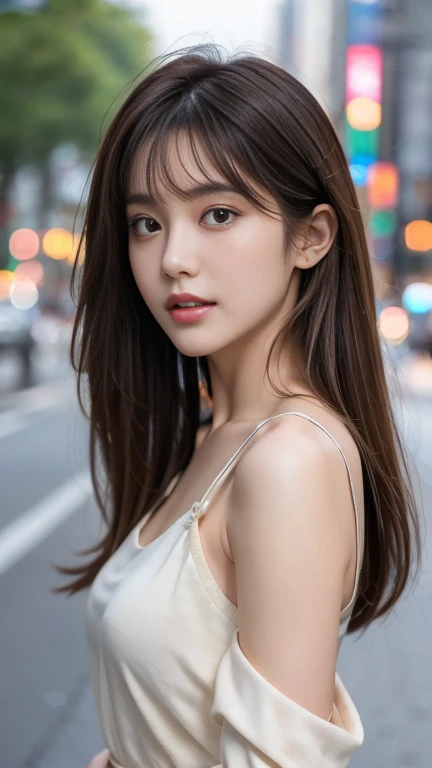 Ultra-high resolution, Superior Quality, highest quality, Super detailed, Realistic, 8k, RAW Photos, highest quality, masterpiece, Attractive girl, A wonderful girl, Brown Hair, Shoulder-length layered, Asymmetrical bangs, Japanese Idols, Sophisticated, stylish, blouse,Shibuya Ward,