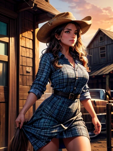 {Hyper realistic dynamic vision, sharp clean image and UHD 16K} A beautiful woman with a slim waist and snapper hips, in country style (thin blue and black plaid dress shirt, tight fitted shirt), standing out in a western town. Her tanned skin shines in the setting sun, “sweat”, large symmetrical and radiant green eyes, wavy brown hair falls gently over her shoulders. She wears a brown cowboy hat, thin blue and black plaid, tight-fitting dress shirt, faded jeans, and embroidered leather boots. It is on a dirt street surrounded by typical western wooden buildings. The local saloon has swinging doors and a porch where the cowboys chat. The barbershop has a rotating plate and the blacksmith shop next door is active with the sound of hammering. Horses tied to wooden posts and a hay cart passing by complete the scene. The golden light of the sunset casts shadows and bathes the city in a warm glow, capturing the vibrant essence of the Old West.