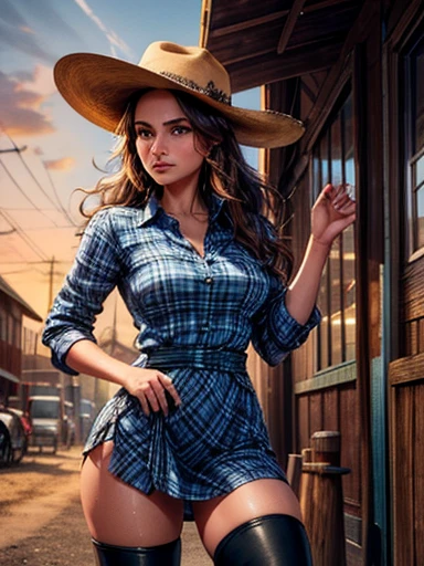 {Hyper realistic dynamic vision, sharp clean image and UHD 16K} A beautiful woman with a slim waist and snapper hips, in country style (thin blue and black plaid dress shirt, tight fitted shirt), standing out in a western town. Her tanned skin shines in the setting sun, “sweat”, large symmetrical and radiant green eyes, wavy brown hair falls gently over her shoulders. She wears a brown cowboy hat, thin blue and black plaid, tight-fitting dress shirt, faded jeans, and embroidered leather boots. It is on a dirt street surrounded by typical western wooden buildings. The local saloon has swinging doors and a porch where the cowboys chat. The barbershop has a rotating plate and the blacksmith shop next door is active with the sound of hammering. Horses tied to wooden posts and a hay cart passing by complete the scene. The golden light of the sunset casts shadows and bathes the city in a warm glow, capturing the vibrant essence of the Old West.