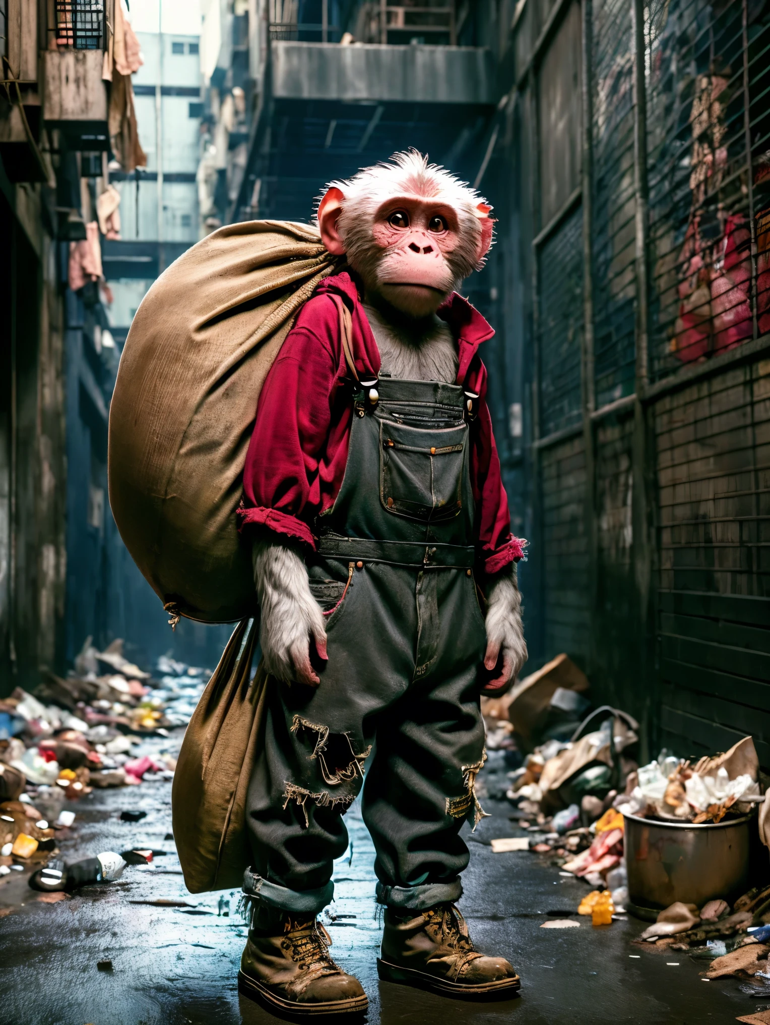 (personification:1.3)，(Very poor monkey)，Dressed in rags(Gray baseball jacket:1.3)and(Overalls)，(Tattered cloth shoes)，Dragging a bag taller than himself，Little monkey standing in the city street，地上堆满了垃圾and瓶子，Original painting style，But change the background to a city scene，Strengthens the contrast between the innocence of the characters and the harshness of the urban environment，Highlights the dire conditions in urban wasteland