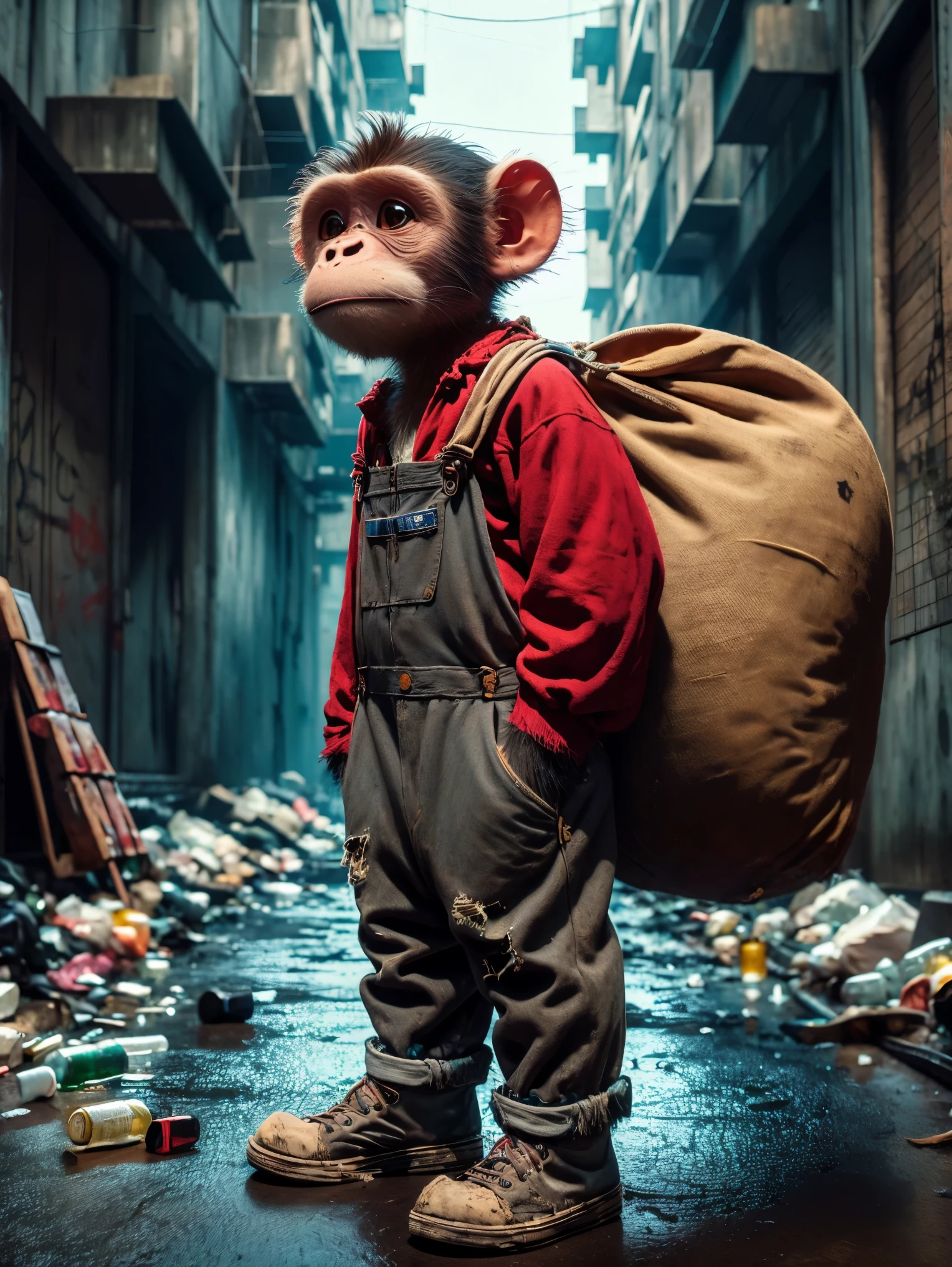 (personification:1.3)，(Very poor monkey)，Dressed in rags(Gray baseball jacket:1.3)and(Overalls)，(Tattered cloth shoes)，Dragging a bag taller than himself，Little monkey standing in the city street，The ground is full of garbage and bottles，Original painting style，But change the background to a city scene，Strengthens the contrast between the innocence of the characters and the harshness of the urban environment，Highlights the dire conditions in urban wasteland