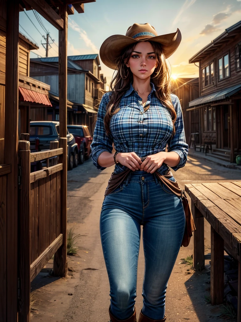 {Hyper realistic dynamic vision, sharp clean image and UHD 16K} A beautiful woman with a slim waist and snapper hips, in country style (thin blue and black plaid dress shirt, tight fitted shirt), standing out in a western town. Her tanned skin shines in the setting sun, “sweat”, large symmetrical and radiant green eyes, wavy brown hair falls gently over her shoulders. She wears a brown cowboy hat, thin blue and black plaid, tight-fitting dress shirt, faded jeans, and embroidered leather boots. It is on a dirt street surrounded by typical western wooden buildings. The local saloon has swinging doors and a porch where the cowboys chat. The barbershop has a rotating plate and the blacksmith shop next door is active with the sound of hammering. Horses tied to wooden posts and a hay cart passing by complete the scene. The golden light of the sunset casts shadows and bathes the city in a warm glow, capturing the vibrant essence of the Old West.