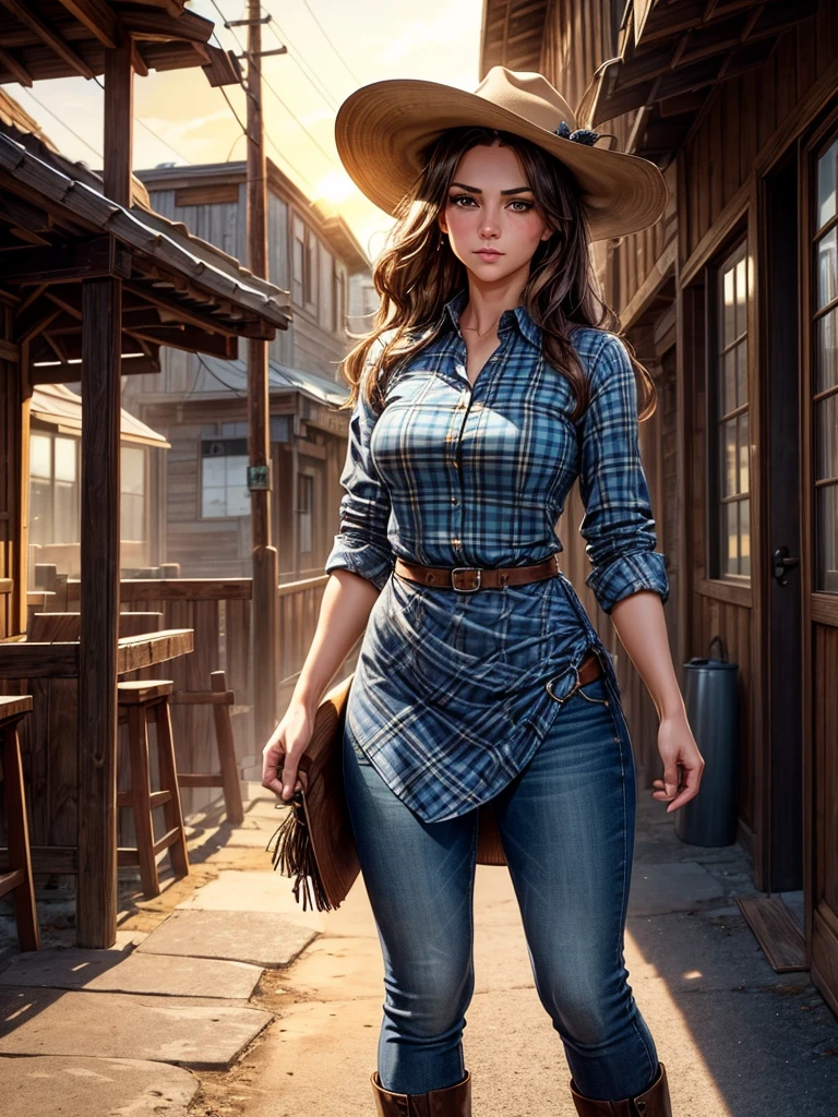 {Hyper realistic dynamic vision, sharp clean image and UHD 16K} A beautiful woman with a slim waist and snapper hips, in country style (thin blue and black plaid dress shirt, tight fitted shirt), standing out in a western town. Her tanned skin shines in the setting sun, “sweat”, large symmetrical and radiant green eyes, wavy brown hair falls gently over her shoulders. She wears a brown cowboy hat, thin blue and black plaid, tight-fitting dress shirt, faded jeans, and embroidered leather boots. It is on a dirt street surrounded by typical western wooden buildings. The local saloon has swinging doors and a porch where the cowboys chat. The barbershop has a rotating plate and the blacksmith shop next door is active with the sound of hammering. Horses tied to wooden posts and a hay cart passing by complete the scene. The golden light of the sunset casts shadows and bathes the city in a warm glow, capturing the vibrant essence of the Old West.