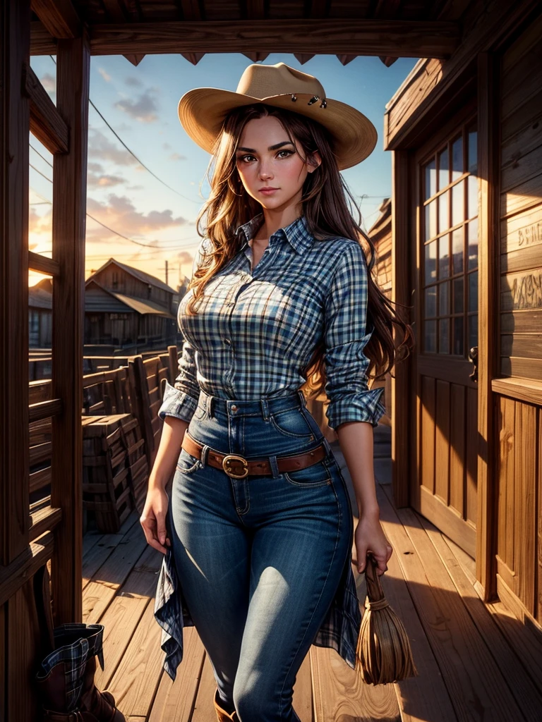 {Hyper realistic dynamic vision, sharp clean image and UHD 16K} A beautiful woman with a slim waist and snapper hips, in country style (thin blue and black plaid dress shirt, tight fitted shirt), standing out in a western town. Her tanned skin shines in the setting sun, “sweat”, large symmetrical and radiant green eyes, wavy brown hair falls gently over her shoulders. She wears a brown cowboy hat, thin blue and black plaid, tight-fitting dress shirt, faded jeans, and embroidered leather boots. It is on a dirt street surrounded by typical western wooden buildings. The local saloon has swinging doors and a porch where the cowboys chat. The barbershop has a rotating plate and the blacksmith shop next door is active with the sound of hammering. Horses tied to wooden posts and a hay cart passing by complete the scene. The golden light of the sunset casts shadows and bathes the city in a warm glow, capturing the vibrant essence of the Old West.