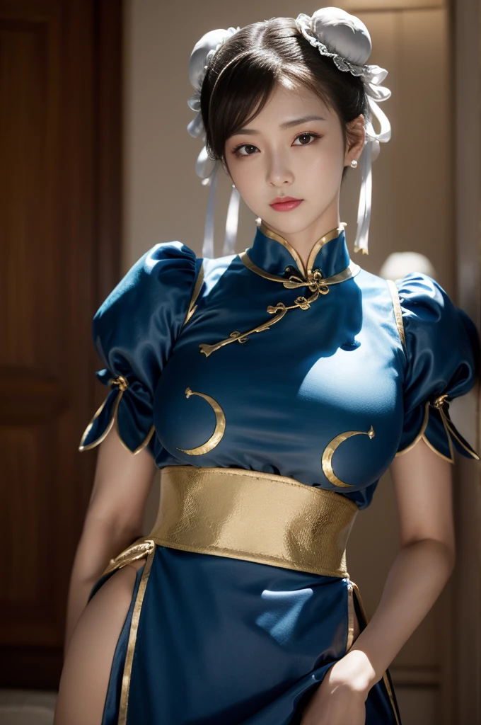 Chun-Li from Street Fight II,The perfect Chun-Li costume,Blue Chinese dress with gold lines,Bun Head,Good cover,Fighting Pose,masterpiece、1 beautiful girl、Fine Eyes、Puffy eyes、highest quality, 超High resolution, (reality: 1.4), Cinema Lighting、Japanese、Asian Beauty、Korean、so beautiful、Beautiful Skin、Body facing forward、Face close-up、(超reality的な)、(High resolution)、(8k)、(Very detailed)、(美しくFine Eyes)、(Very detailed)、 (wall-)、Detailed face、Bright lighting、Professional Lighting、Looking at the audience、Look straight ahead、Diagonal bangs、Nogizaka Idol、Korean Idol、masterpiece, highest quality, masterpiece, highest quality, Perfect Face, Perfect brown eyes with white sclera, Bad move -5, alone, 1 girl, Upper Body, Brown Hair, From SF2, Chinese Language Services, smile, Muscular woman, Blue clothes, pantyhose, Pelvic Curtain, Puff short sleeves, Good cover, sash, evaluation:safety