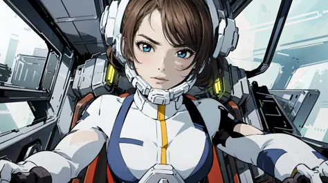 "In a futuristic cockpit, a beautiful girl with light brown hair tied up in twintails captivates with her noble temperament. Her...
