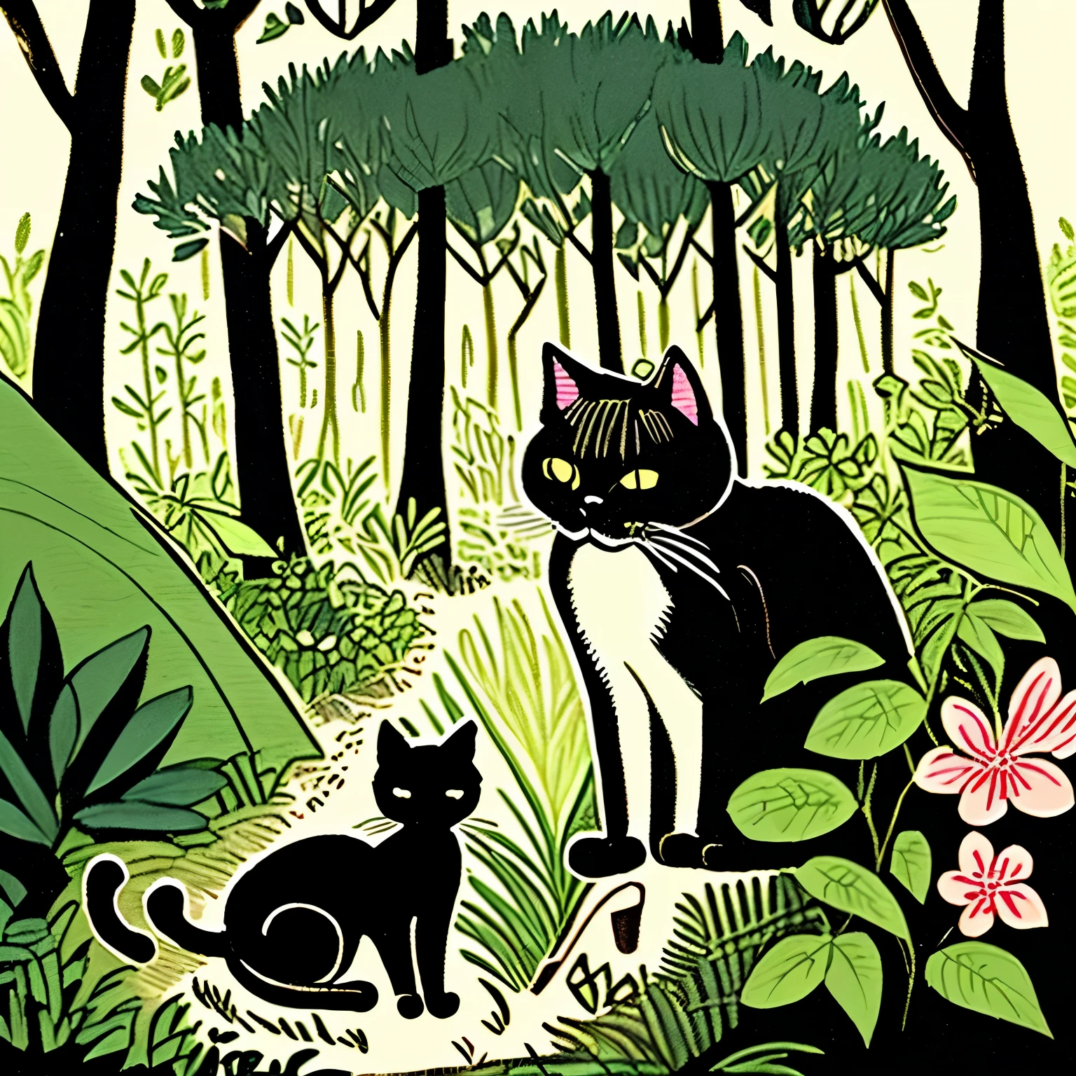there is a black cat that is sitting in the bushes, cat in the forest, by André Beauneveu, by Ni Tian, beautiful illustration, by Yang J, jen bartel, by Eizan Kikukawa, 🌺 cgsociety, by Zofia Stryjenska, by Ni Duan, by Andrée Ruellan, by Jean Hélion