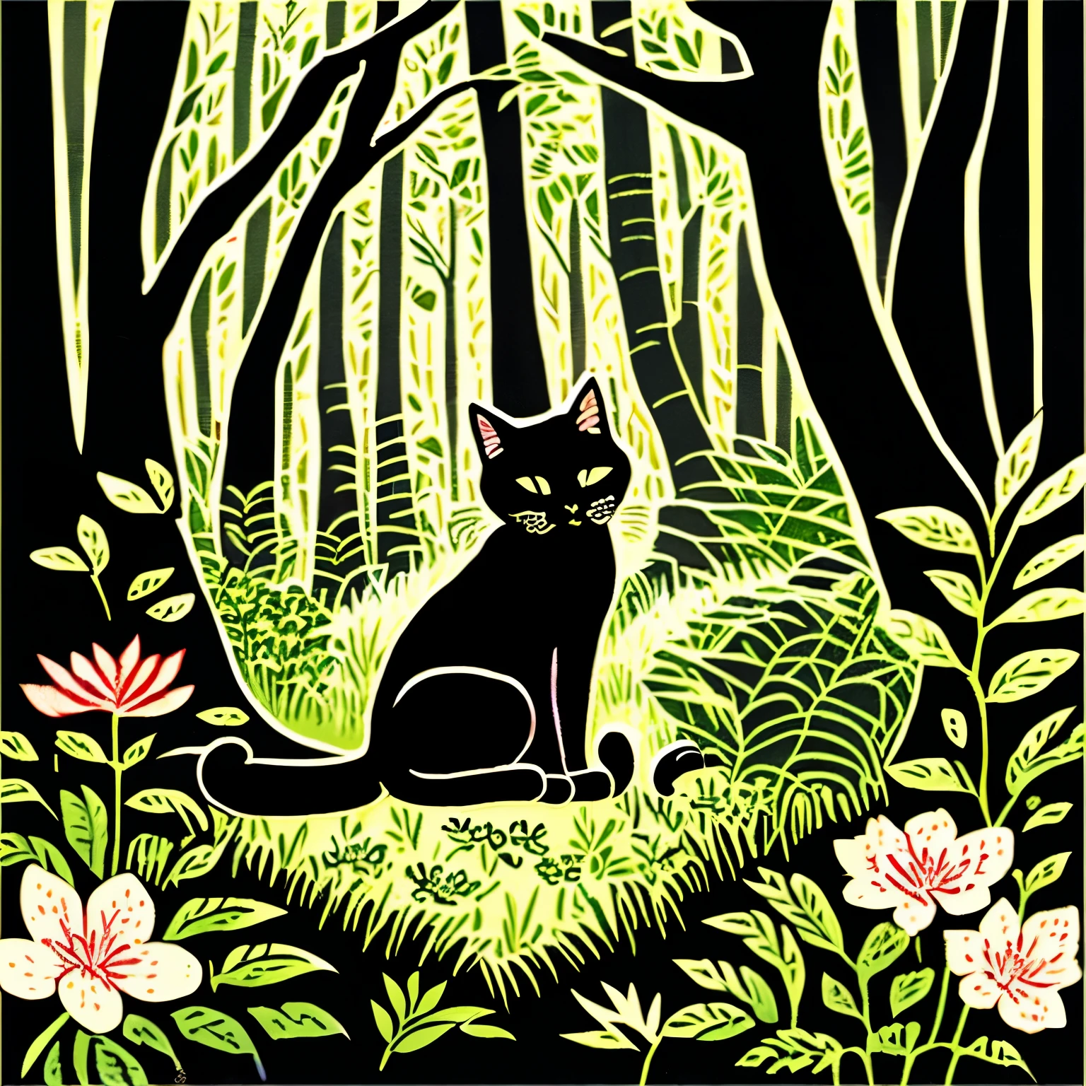 there is a black cat that is sitting in the bushes, cat in the forest, by André Beauneveu, by Ni Tian, beautiful illustration, by Yang J, jen bartel, by Eizan Kikukawa, 🌺 cgsociety, by Zofia Stryjenska, by Ni Duan, by Andrée Ruellan, by Jean Hélion