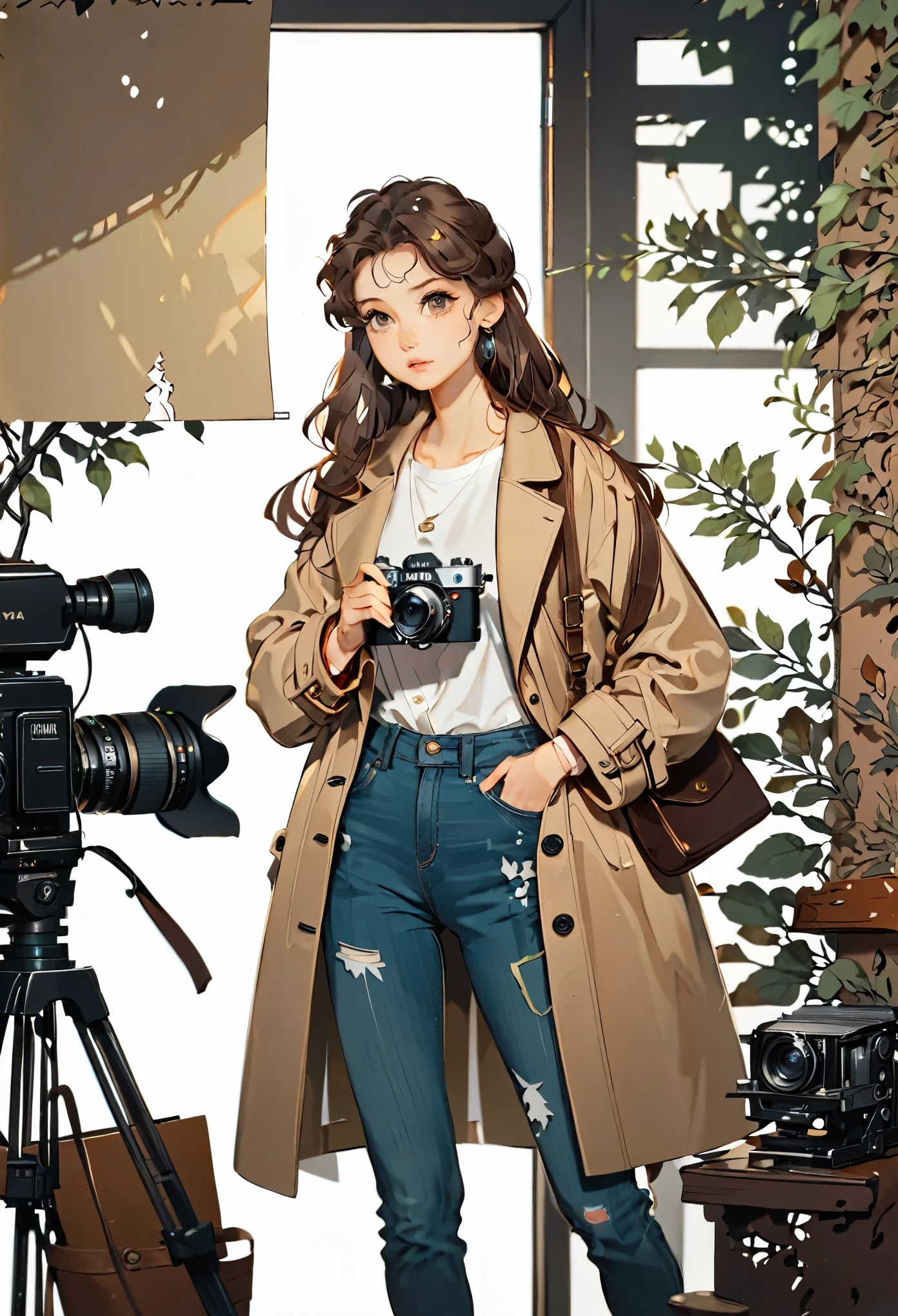 (((paper cutting style))), 1 girl, long brown hair, coat, shirts and denim, portfolio, cinema, film, camera