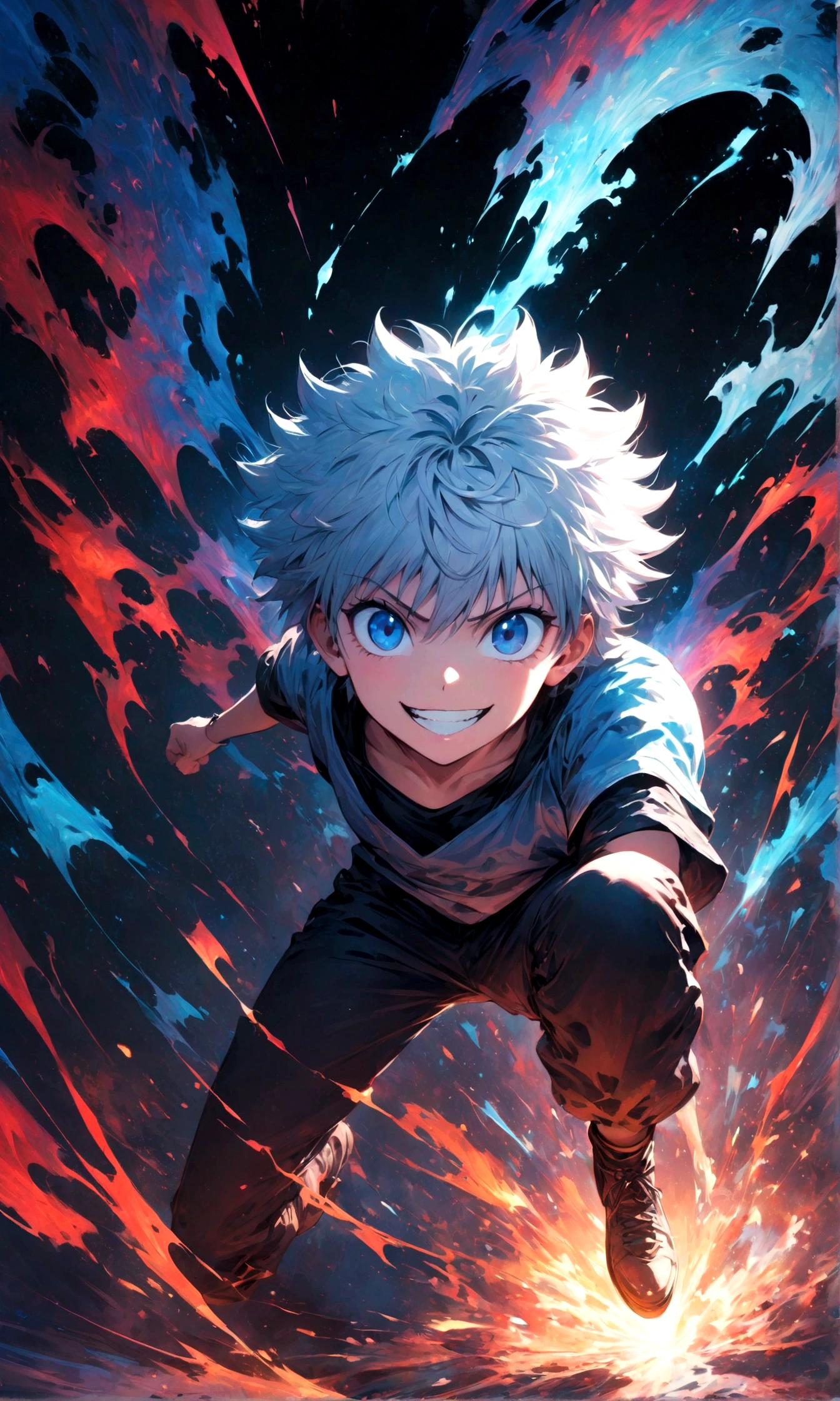 1 teenager,Killua,Hunter x Hunter,Killuaの衣装,Yo-yo,Sui Ishida's painting style,Intricate details,Use black and white as your main colors,Decadent,artwork,rendering,Dynamic Pose,(masterpiece:1.3),(highest quality:1.4),(ultra detailed:1.5),High resolution,extremely detailed,unity 8k wallpaper,Dark fantasy,Brush strokes,Glare,Battle Style,Crazy smile