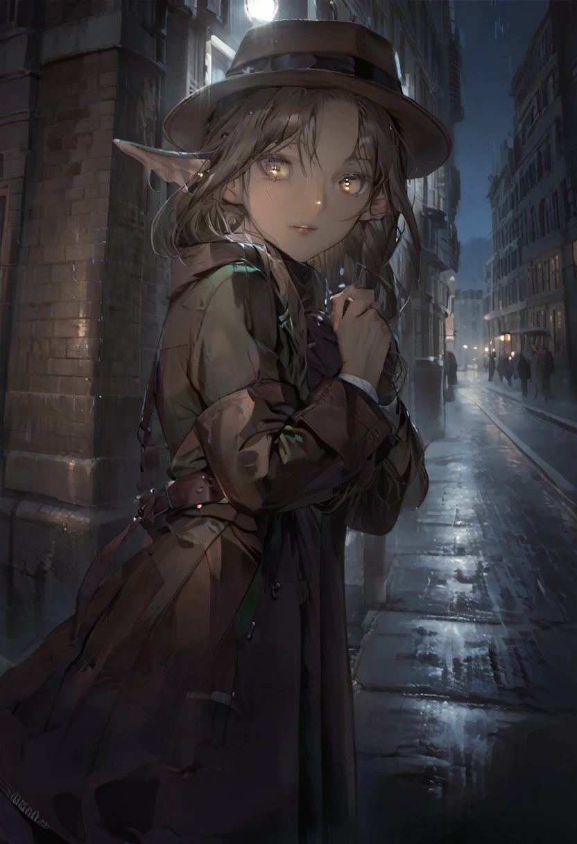 detailed illustration (side view),dynamic angle,ultra-detailed, illustration, pose for the camera, smiling at viewer, clean line art, shading, anime, 2020’s anime style, detailed eyes, detailed face, beautiful face standing on a sidewalk,

Noir Detective, trench coat, fedora hat, radio drama, pulp magazine character, long trench coat, hat, fedora hat, brown coat and matching hat, dark band on hat, 1940’s, ,Noir, beautiful woman, in a open trench coat, night, rain, brown shoulder length hair, brown eyes, hard boiled, female fatale vibes, noir, deep in thought, detective, plup magazine detective, noir vibe

Urban fantasy setting, dark elf, pointed ears, elf, dark skin, tan skin, brown skin, skin kissed by the sun