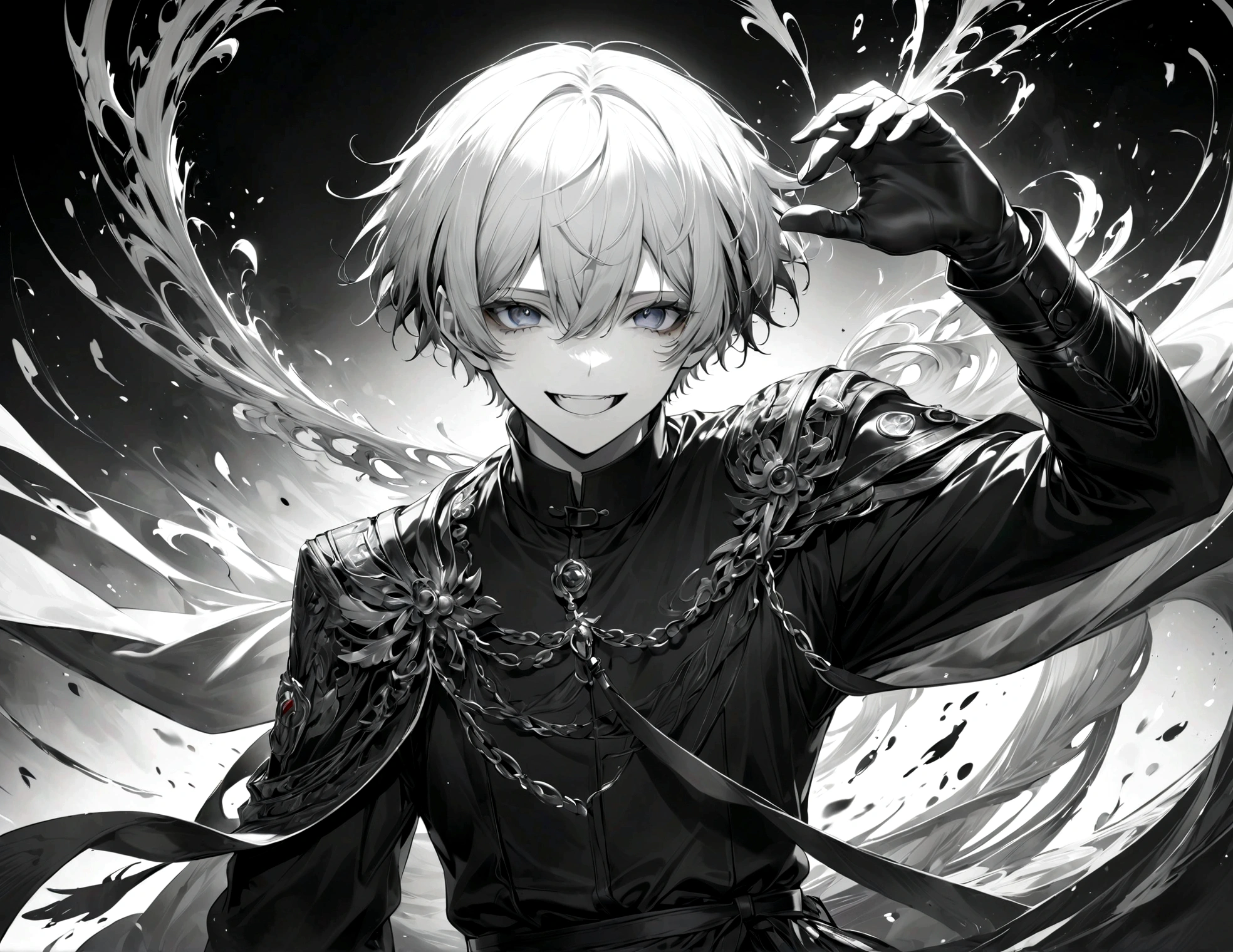 1 male,Kaneki,Tokyo Ghoul,,Sui Ishida's painting style,Intricate details,Use black and white as your main colors,Decadent,artwork,rendering,Dynamic Pose,(masterpiece:1.3),(highest quality:1.4),(ultra detailed:1.5),High resolution,extremely detailed,unity 8k wallpaper,Dark fantasy,Brush strokes,Glare,Battle Style,Crazy smile