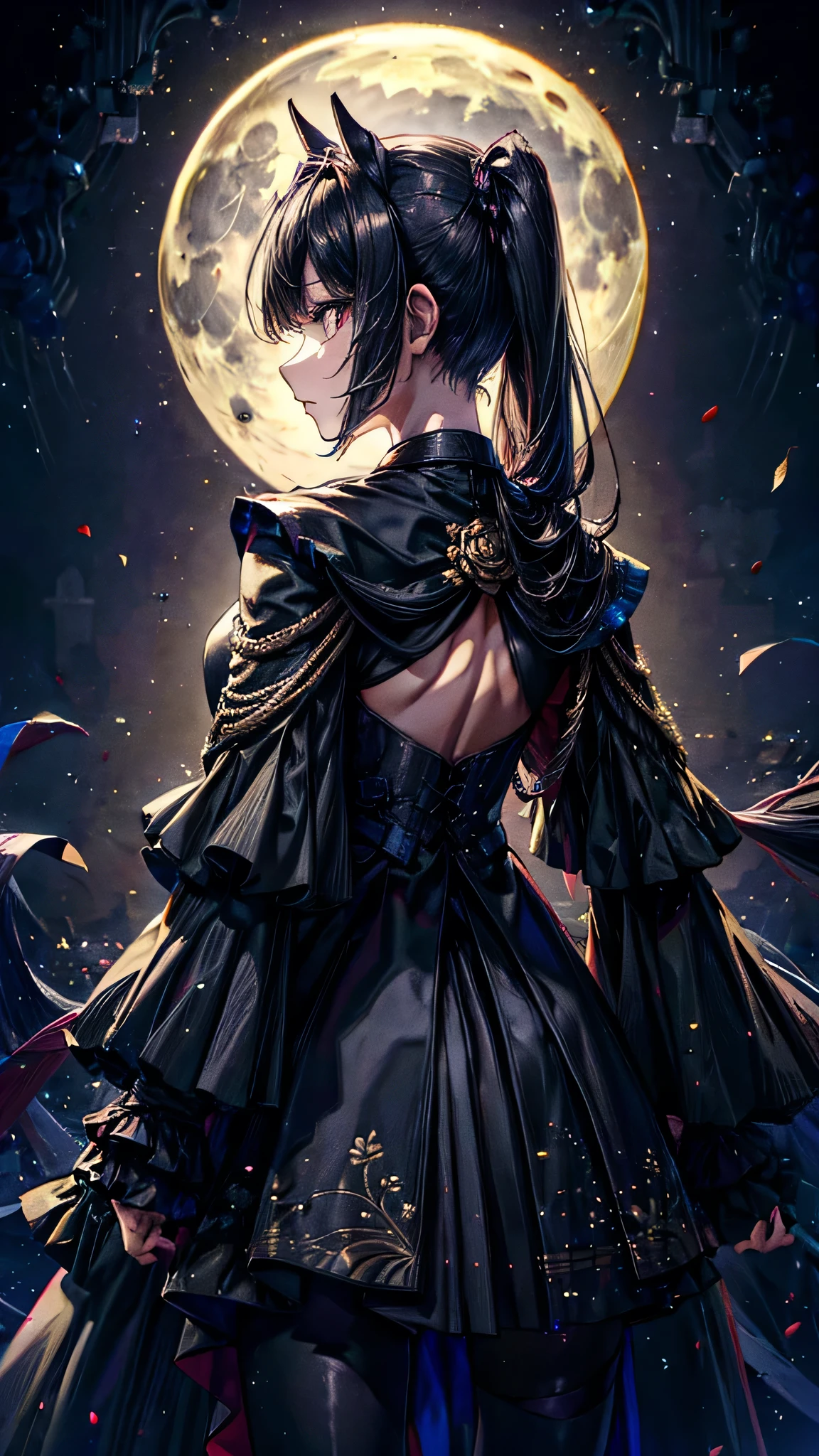 ado,military suit,gold design,pony tail,back ground black rose,full moon,Facing front,