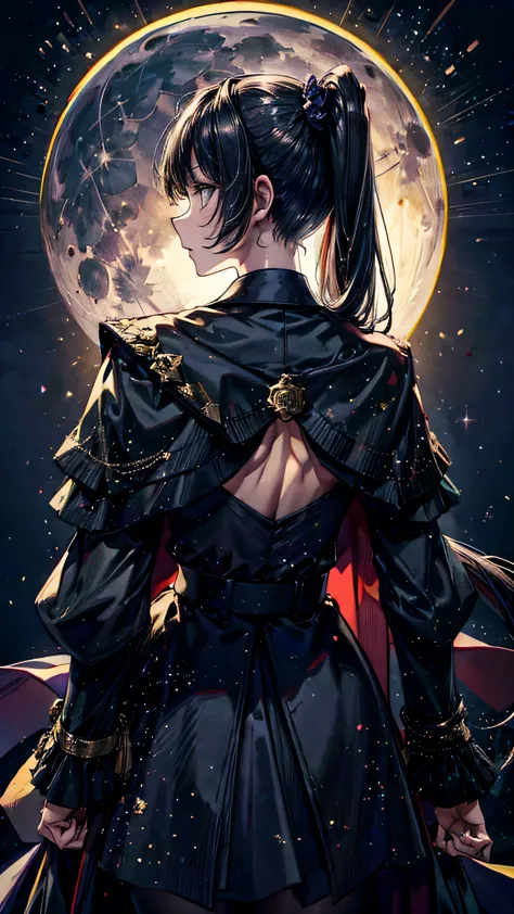 ado,military suit,gold design,pony tail,back ground black rose,full moon,facing front,