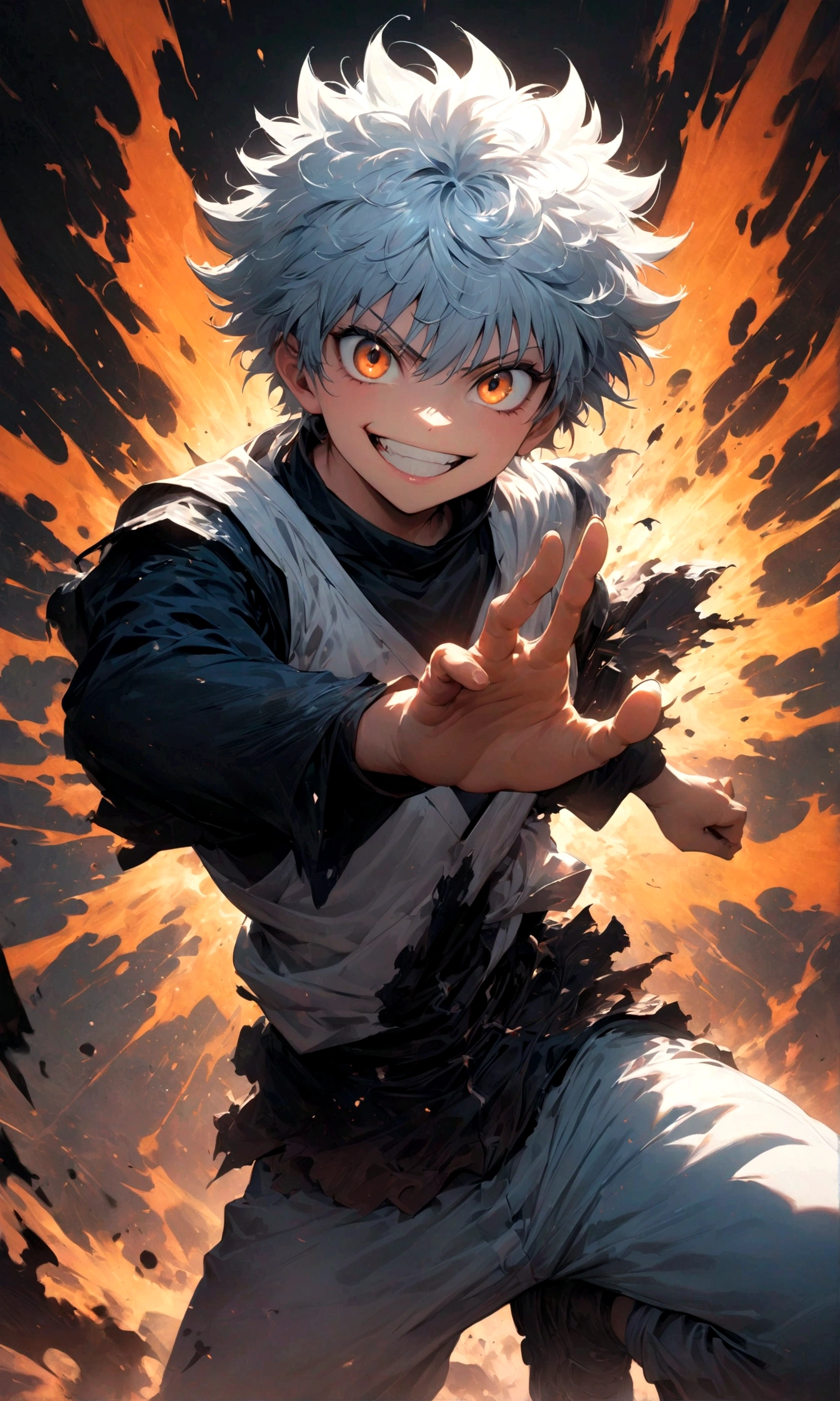 1 teenager,Killua,Hunter x Hunter,Killuaの衣装,Yo-yo,Sui Ishida's painting style,Intricate details,Use black and white as your main colors,Decadent,artwork,rendering,Dynamic Pose,(masterpiece:1.3),(highest quality:1.4),(ultra detailed:1.5),High resolution,extremely detailed,unity 8k wallpaper,Dark fantasy,Brush strokes,Glare,Battle Style,Crazy smile