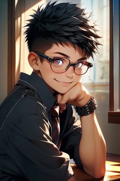 Window side, cafe, smile, tie, male, 16 years old, Short spiked Hair, black hair, shirt, rolling up sleeves, Glasses, Asian, young, cute, (detailed eyes), detailed skin, (masterpiece, best quality:1.4), Top Quality, High quality, Ultra detailed, insanely detailed, 