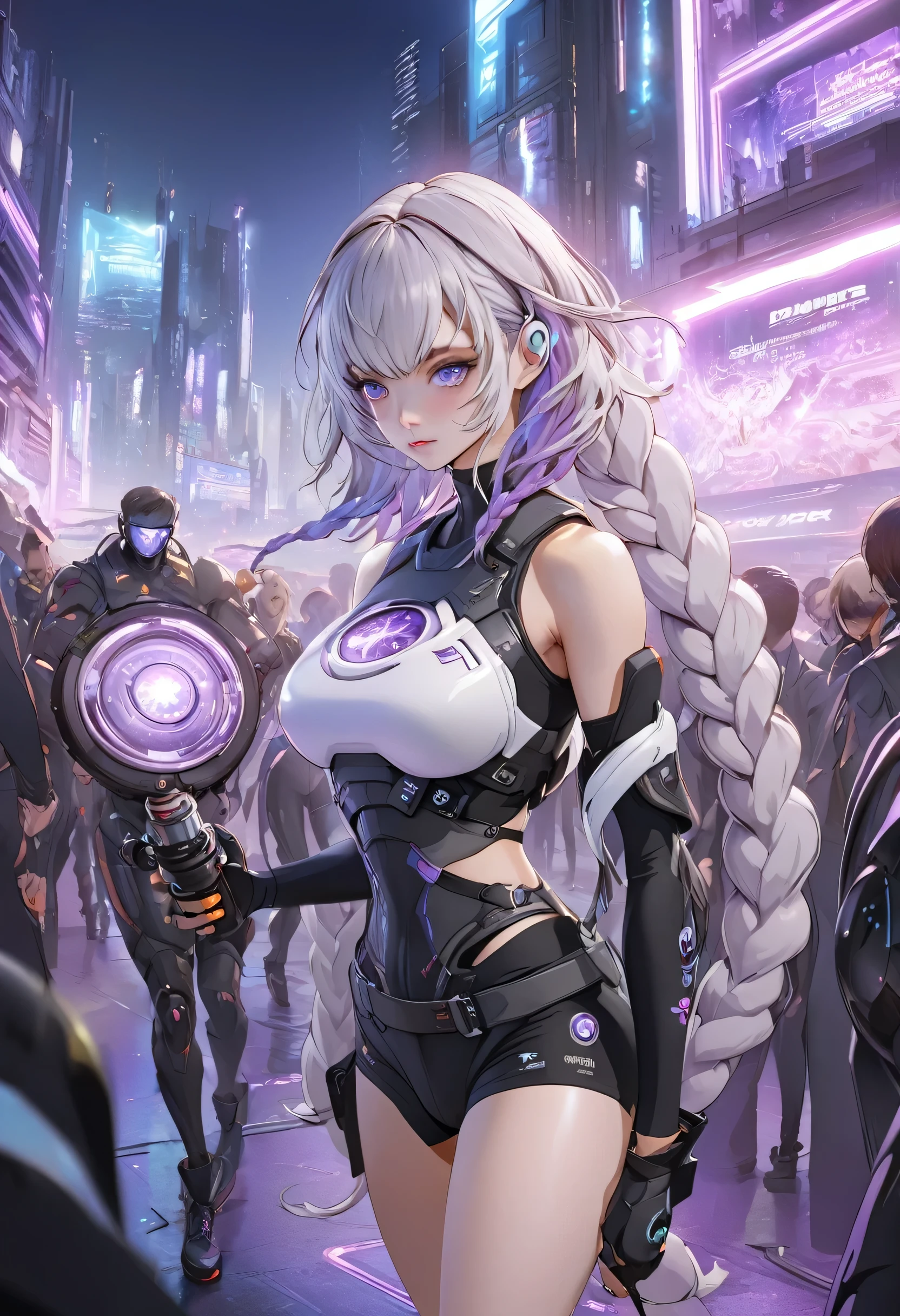 (Very detailed CG unified 16k wallpaper:1.1), (Denoising Strength: 1.45), 1girl, cryptic_g, purple eyes, silver hair, gradient hair, twin braided hair,Dark purple with white hair, Fluorescent violet,, Beautiful and detailed cyberpunk city, Beautiful and delicate light, （2 girls）, Black short hair，Poker face, Cold expression, crazy, Sporty,Very detailed, Lots of details, HD semi-realistic anime CG concept art digital, illustration, Glowing lights, (masterpiece:1.37), masterpiece, best quality