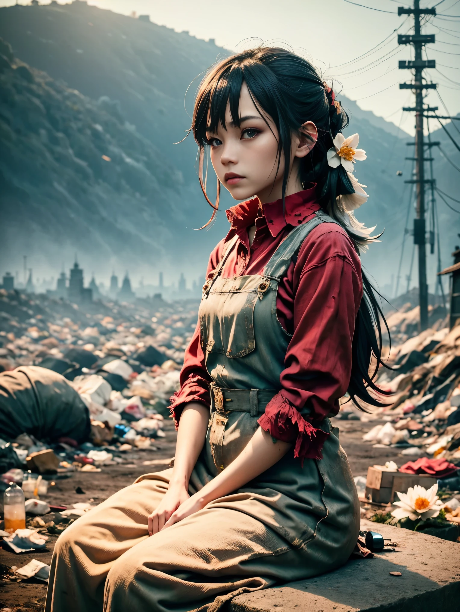 wasteland，Very poor maid sitting on a stone thinking，Thinker，Hand on cheek，(Sitting:1.2)，tattered，Wearing a tattered red maid costume，The skyline in the distance，Gothic，moss，A small white flower，Cemetery，Gothic Church，Blood red moon，Gothic Elements，wildfires，cold，gloomy