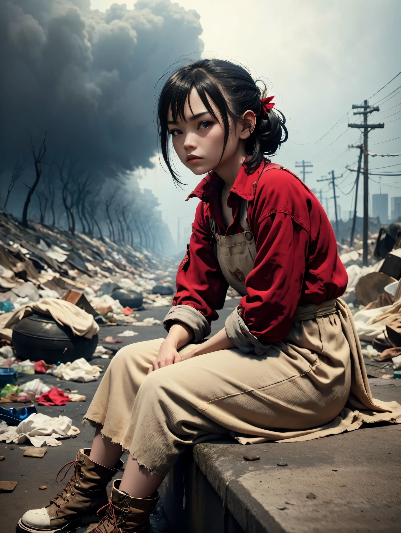 wasteland，Very poor maid sitting on a stone thinking，Thinker，Hand on cheek，(Sitting:1.2)，tattered，穿着tattered不堪的红色女仆服装，The skyline in the distance，Gothic，moss，A small white flower，Cemetery，Gothic教堂，Blood red moon，Gothic元素，wildfires，cold，gloomy