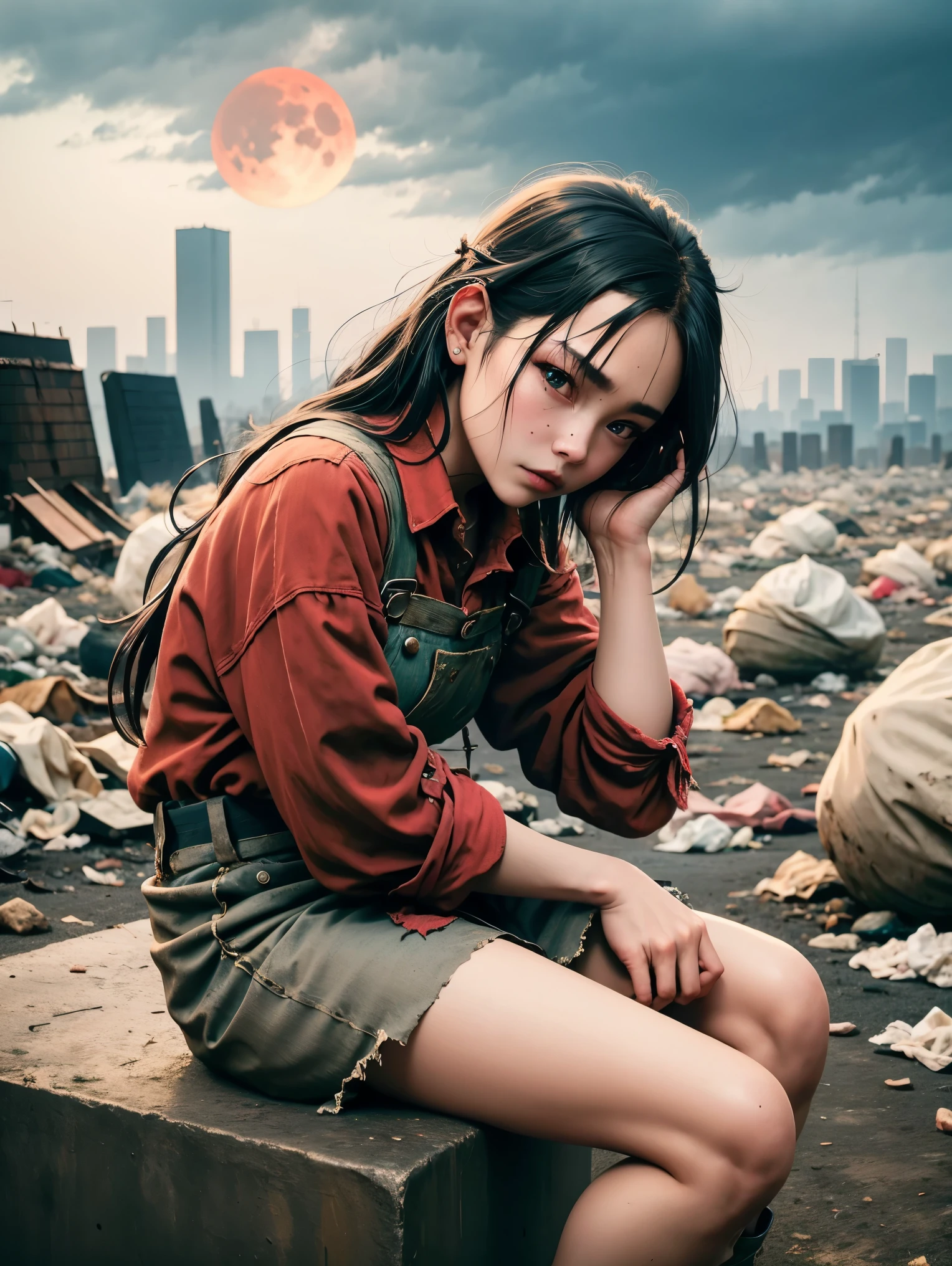 wasteland，Very poor maid sitting on a stone thinking，Thinker，Hand on cheek，(Sitting:1.2)，tattered，穿着tattered不堪的红色女仆服装，The skyline in the distance，Gothic，moss，A small white flower，Cemetery，Gothic教堂，Blood red moon，Gothic元素，wildfires，cold，gloomy