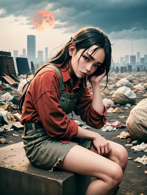 wasteland，Very poor maid sitting on a stone thinking，Thinker，Hand on cheek，(Sitting:1.2)，tattered，穿着tattered不堪的红色女仆服装，The skylin...