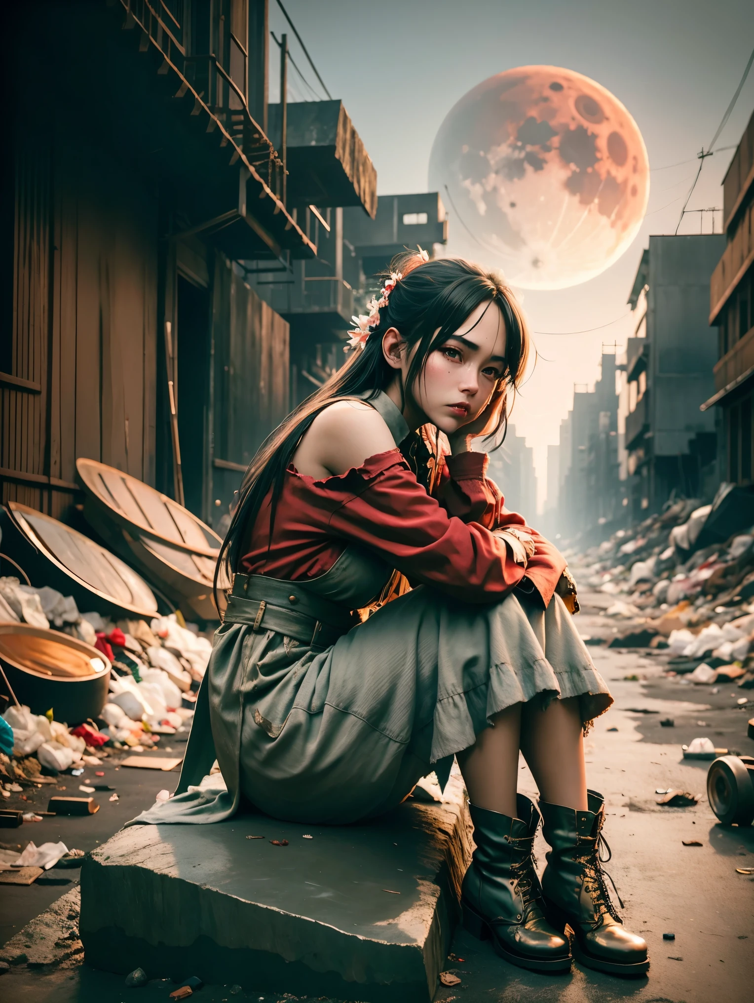 wasteland，Very poor maid sitting on a stone thinking，Thinker，Hand on cheek，(Sitting:1.2)，tattered，穿着tattered不堪的红色女仆服装，The skyline in the distance，Gothic，moss，A small white flower，Cemetery，Gothic教堂，Blood red moon，Gothic元素，wildfires，cold，gloomy