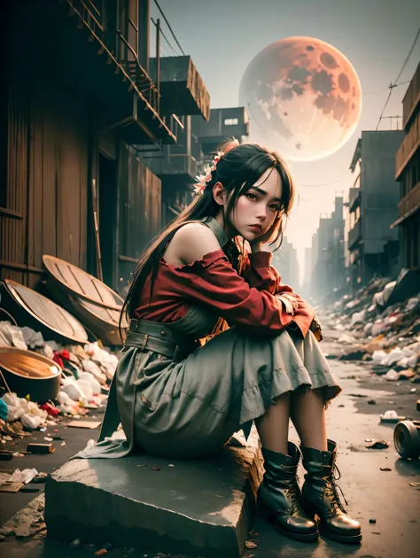 wasteland，Very poor maid sitting on a stone thinking，Thinker，Hand on cheek，(Sitting:1.2)，tattered，穿着tattered不堪的红色女仆服装，The skylin...
