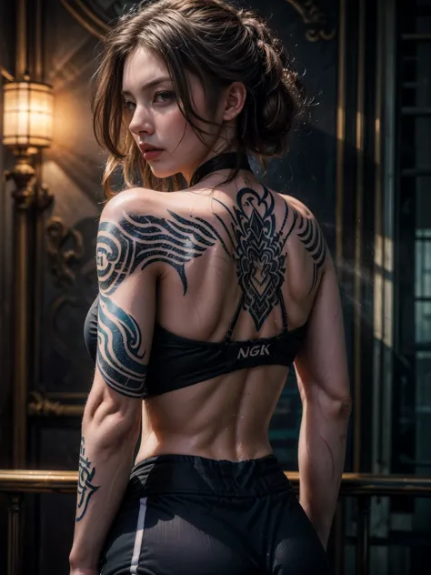 ((top-quality, 8K, masterpiece:1.3)),photorealistic portrait of muscular girl ,(sweating:1.5),(looking back to viewer:1.5),(tatt...