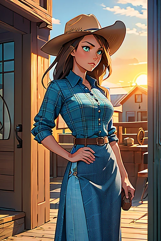 {Visión dinámica hiperrealista., Imagen nítida y limpia y UHD 16K} Una mujer hermosa con cintura delgada y caderas pargos., en estilo campestre (cuadros finos azules y negros dress shirt, camisa ajustada), destacando en una ciudad occidental. Su piel bronceada brilla bajo el sol poniente., &quot;sudor&quot;, Grandes ojos verdes simétricos y radiantes., El cabello castaño ondulado cae suavemente sobre sus hombros.. Ella lleva un sombrero de vaquero marrón., cuadros finos azules y negros, camisa de vestir ajustada, Jeans descoloridos, y botas de cuero bordadas. Está en una calle de tierra rodeada de edificios de madera típicos del oeste.. El salón local tiene puertas batientes y un porche donde charlan los vaqueros.. La barbería tiene un plato giratorio y la herrería de al lado está activa con el sonido de los martillazos.. Caballos atados a postes de madera y un carro de heno que pasa completan la escena.. La luz dorada del atardecer proyecta sombras y baña la ciudad con un resplandor cálido., Capturando la esencia vibrante del Viejo Oeste.