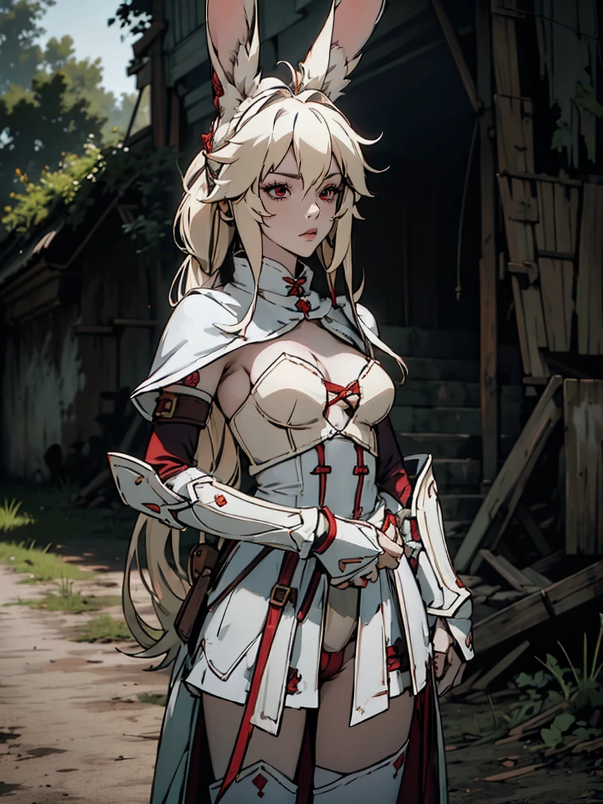 a rabbit girl in the ruins, (rabbit girl), looking up, (best quality,high resolution, masterpiece:1.2), female focus, (one girl:1.5), (free hands), beautiful eyes, (white hair:1), detailed eyes, (rabbit ears), (red eyes:1.2), white cloak, , fleshy lips, hair ornament, leather armor, Clothes made of tanned leather, detached sleeves, wrist guard, white thighhighs, shin guards, perfect quality, good quality, masterpiece, Prepare-se para mergulhar em um mundo onde a beleza e o artesanato se fundem perfeitamente, anatomically correct. ultra nitidez