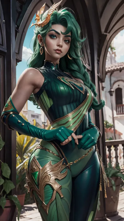 una mujer con una falda verde y un top rosa sosteniendo un paraguas verde, un retrato de personaje inspirado en rossdraws, Tende...