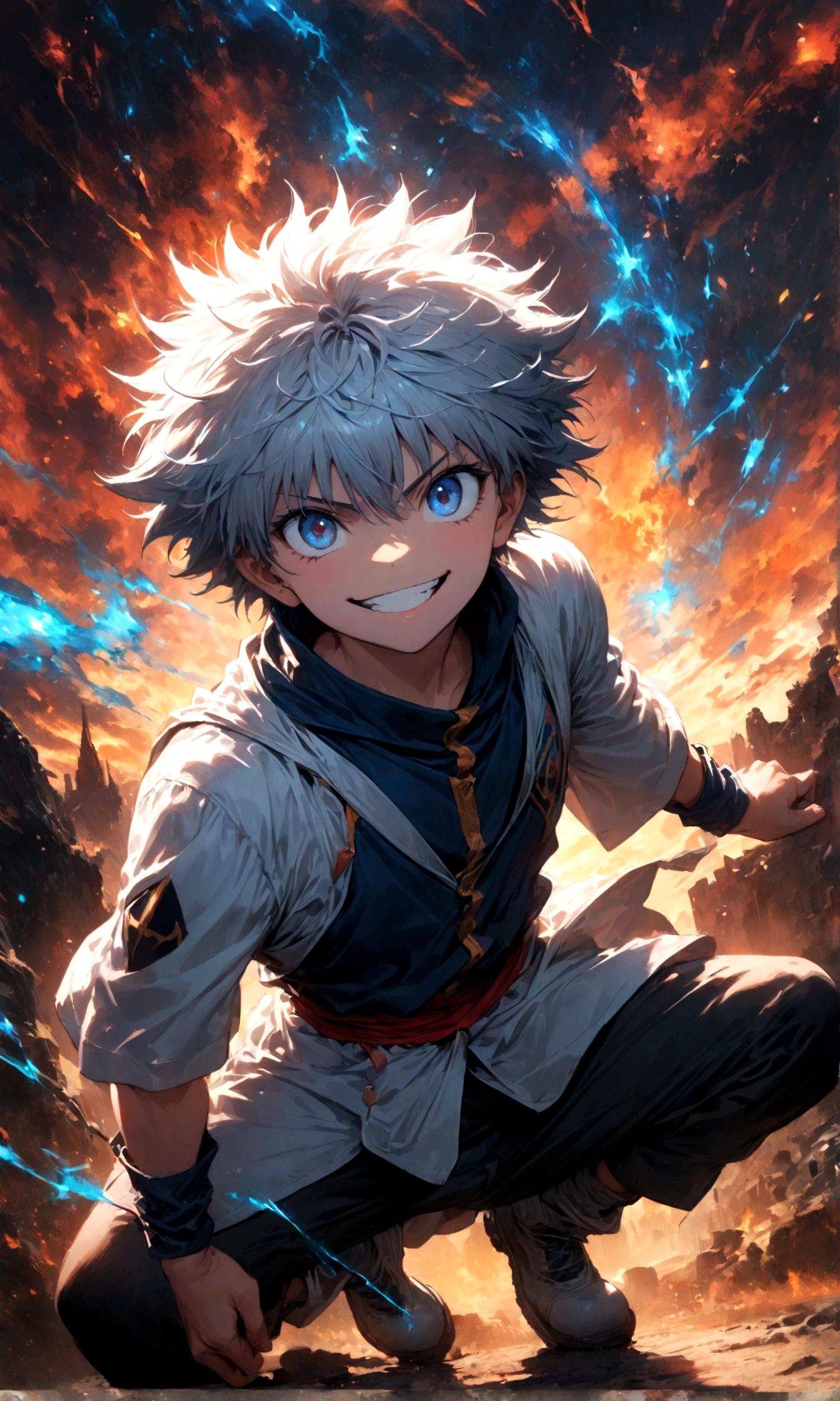 1 teenager,Killua,Hunter x Hunter,Killuaの衣装,Yo-yo,Sui Ishida's painting style,Intricate details,Use black and white as your main colors,Decadent,artwork,rendering,Dynamic Pose,(masterpiece:1.3),(highest quality:1.4),(ultra detailed:1.5),High resolution,extremely detailed,unity 8k wallpaper,Dark fantasy,Brush strokes,Glare,Battle Style,Crazy smile